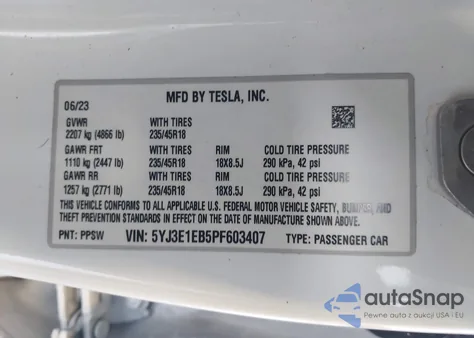 2023 Tesla Model 3 Long Range Dual Motor All-Wheel Drive from USA, damaged, VIN 5YJ3E1EB5PF603407
